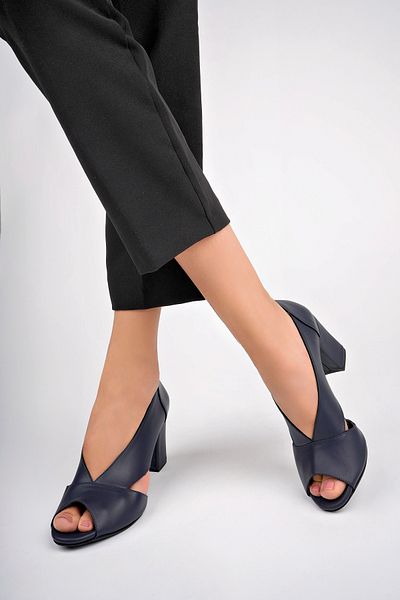 Deripabuc Navy Blue Genuine Leather Women's Heeled Shoes - Shn-0072