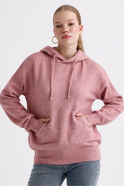 MD trend Kangaroo Pocket Hooded Back Written Knitwear Women's Sweater