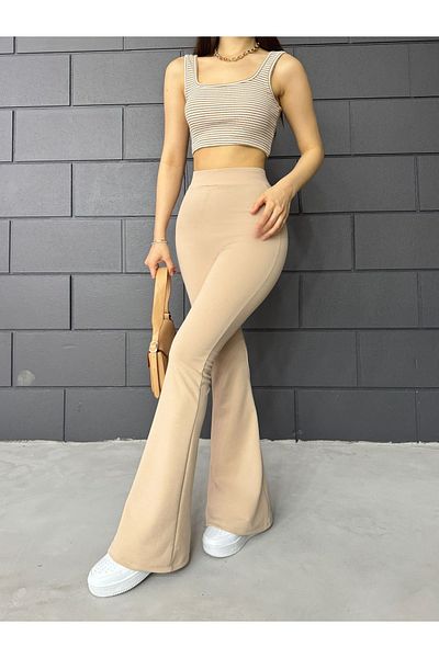 RuyaMood Pantaloni de damă bej cu picior spaniol crep cu talie înaltă Lycra cu jambiere regeneratoare