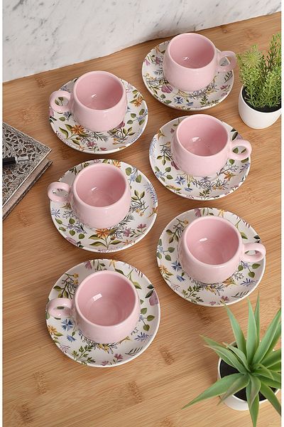 ŞURA MUTFAK 12 Piece Cup Set| Cup Set for 6 People| Flowers Chubby Model