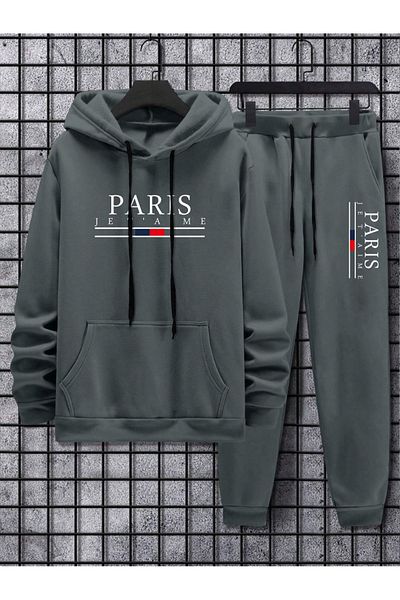 Black Sokak Men's Anthracite Tracksuit Set - Hooded, Kangaroo Pocket, Printed Paris Jet Family