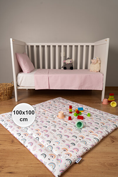 BABYNENA Gökkuşağı Desenli Çift Taraflı Oyun Matı, Oyun Halısı, PEMBE, 100 x 100 cm