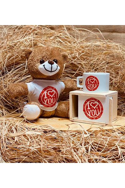 Gift Moda I Love You Sealed Design Plush Teddy Bear and Mug with Wooden Box Gift Set for Lover