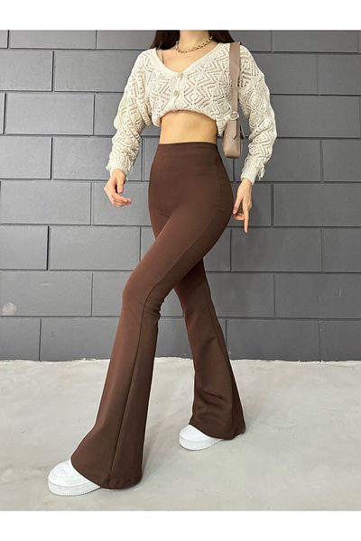 RuyaMood Pantaloni de damă maro cu picior spaniol crep cu talie înaltă Lycra cu jambiere de recuperare
