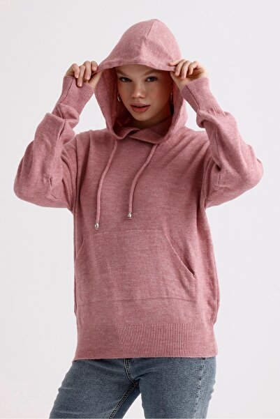 MD trend Kangaroo Pocket Hooded Back Written Knitwear Women's Sweater