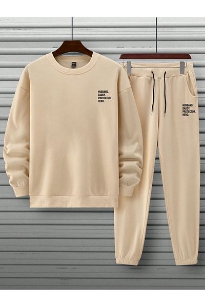 Black Sokak Men's Beige Tracksuit Set - Crew Neck, Husband Daddy Printed, Double Pocket