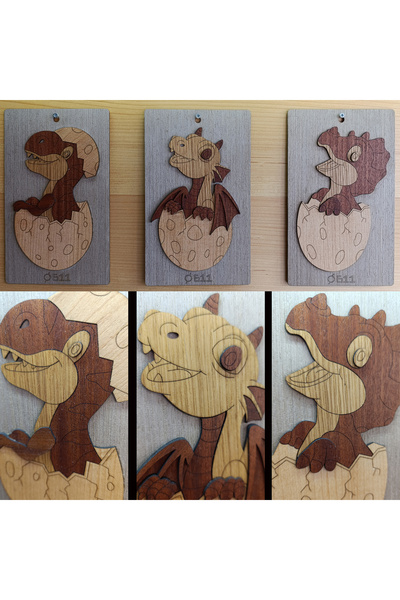 Yumurtadan Çıkan Bebek Dinozorlar Ahşap 3’lü Dekoratif Puzzle Tablo Çocuk Odası - Bebek Odası Dekoru