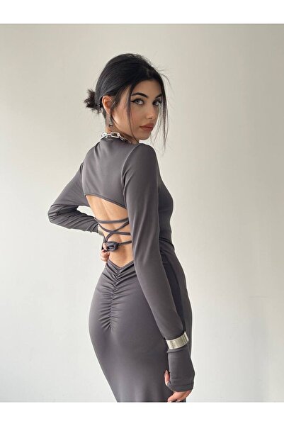 Butik فستان نسائي رمادي Garrincha برباط خلفي وشق 00189