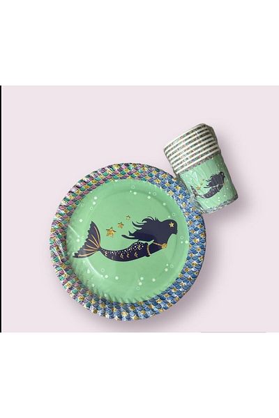 partideyince Little Mermoid Mermaid Concept - Plate, Cup and Fork Set for 8 People