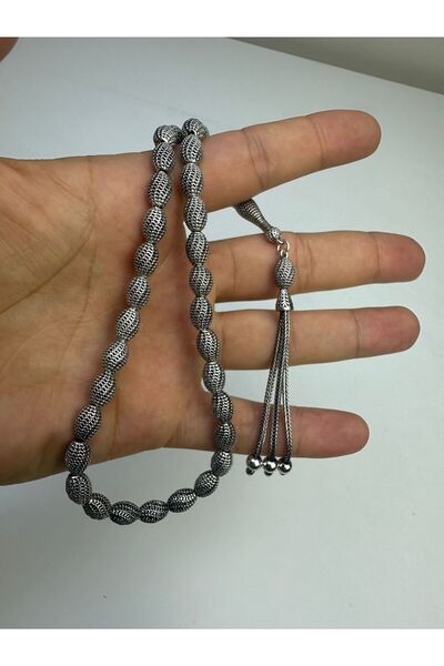 Birinci takı aksesuar 925 Ayar Gümüş Oksitli Fizyon Arpa Kesim Tesbih El Yapımı