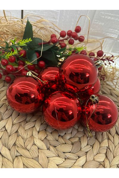 Deniz Party Store 6 cm Red Shiny Christmas Tree Ornament - Cute Ball 6 Pieces