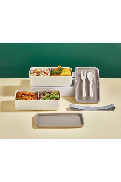 Bayev 2 Pieces 2 Layer Cream Storage Container with Fork and Spoon 1003 Lunch Box - Food Box with Feeding Compartment