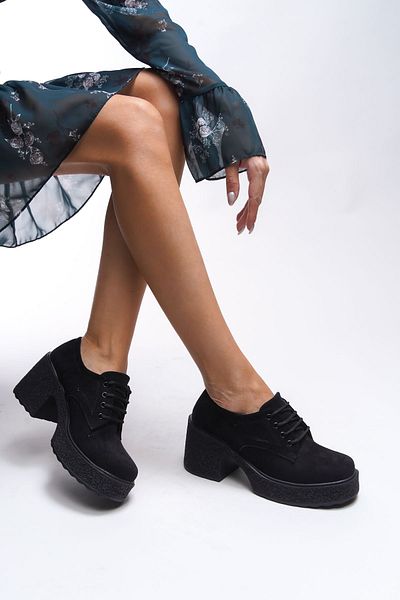Riccon Γυναικείο Loafer Thimdrarn Black Suede - Ψηλοτάκουνα και κορδόνια 00121540