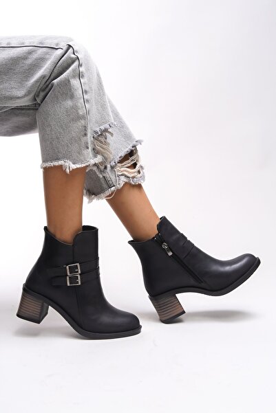 Riccon Khourzith Kadın Çift Tokalı Topuklu Bot 0012502 Siyah Cilt