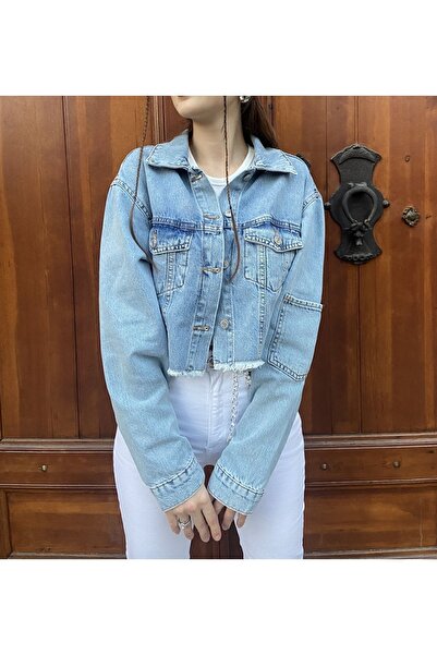 NloveS Açık Mavi Etek Ucu Püsküllü Crop Kot Ceket