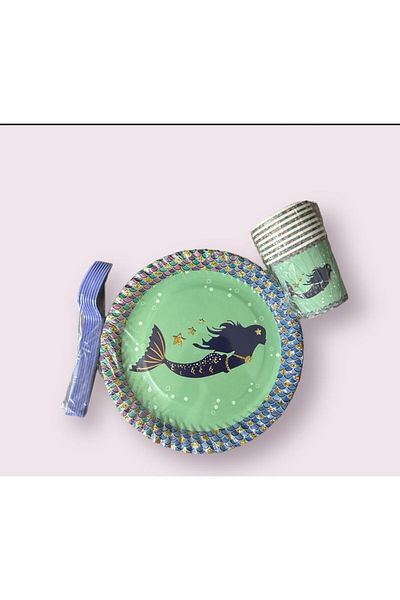 partideyince Little Mermoid Mermaid Concept - Plate, Cup and Fork Set for 8 People