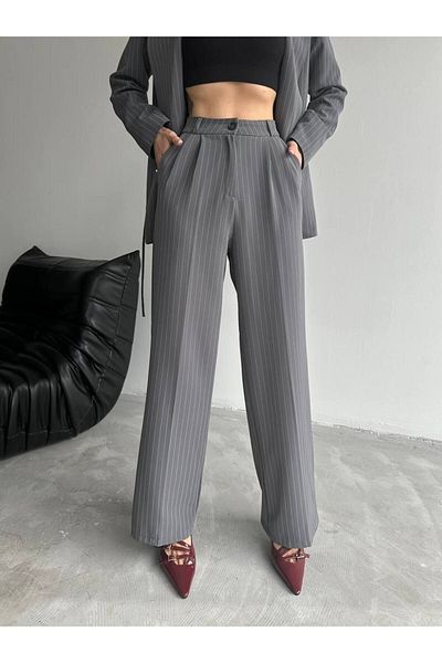 Zenistra Gray Striped Cotton Palazzo Women's Trousers - Pipe Leg 4096