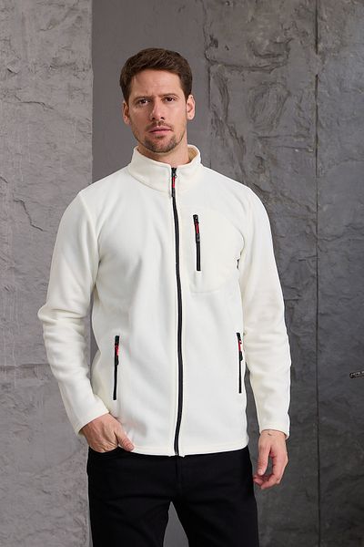 COMBİNE MİCHAİL Thick Zippered Cotton Men's Fleece Jacket - Ecru
