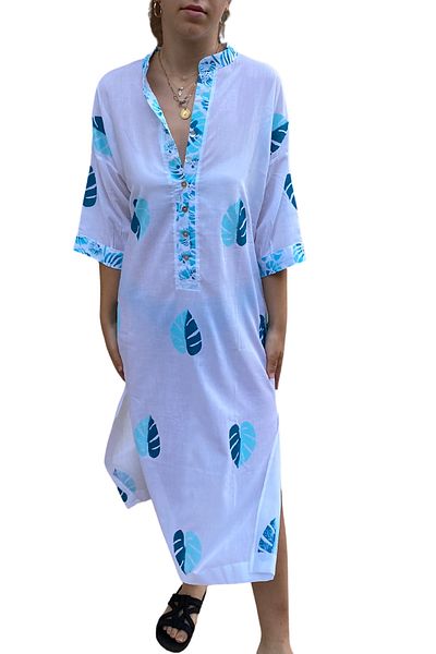 Işin Tasarım Koton Prevailing Collar, White Color, Three-Quarter Sleeve, Side Slit, Handmade Printed Dress