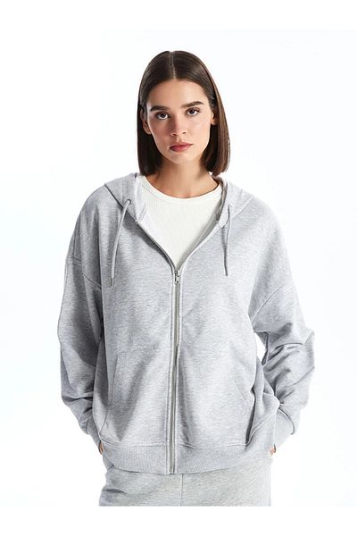 LC Waikiki Γυναικείο φούτερ με φερμουάρ LCW Vision Grey Melange Hooded Oversize