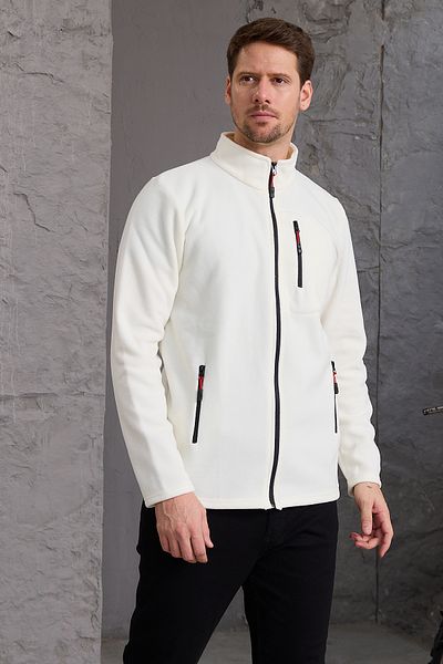 COMBİNE MİCHAİL Thick Zippered Cotton Men's Fleece Jacket - Ecru