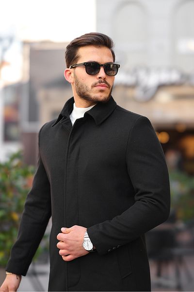 Mero Life Negru Slim Fit - Lână amestecată pentru bărbați, pardesiu, guler cămașă