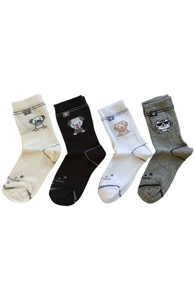 Butik Boy's 4 Pieces Animal Pattern Socks 0-1, 1-2, 3-4, 5-6, 9-10,11-12 Years