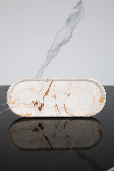 betonmall Mermer Desenli Dekoratif Oval Sunum Tepsisi Tabağı Sunumluk 9x23 Cm