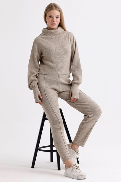 MD trend Balloon Sleeve Crop Sweater and Stitched Pants - Women's Knitwear Set