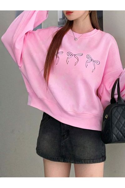 MOONBULL Oversize Γυναικείο Φούτερ - Κορδέλα με στάμπα, Crew Neck