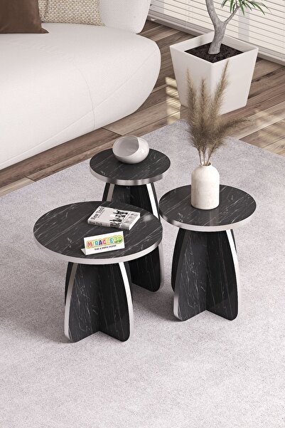 MİRACLE 3D Mantar 3'lü Zigon Sehpa Siyah Mermer Gümüş