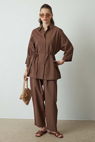 Hooopstore قميص كتان بني - أزرار أمامية