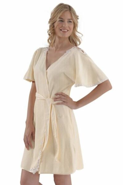 Soft Cotton Kadın Güpürlü Bambu Bornoz - Omuzdan Güpürlü - L Beden - Renk Sar...