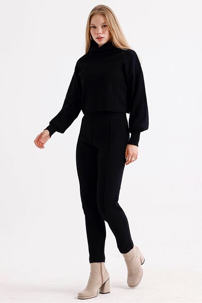 MD trend Balloon Sleeve Crop Sweater and Stitched Pants - Women's Knitwear Set