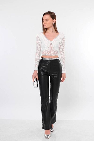 Butik White Long Sleeve Crop Blouse - Back Low Cut, Clasp Closure 1486-1