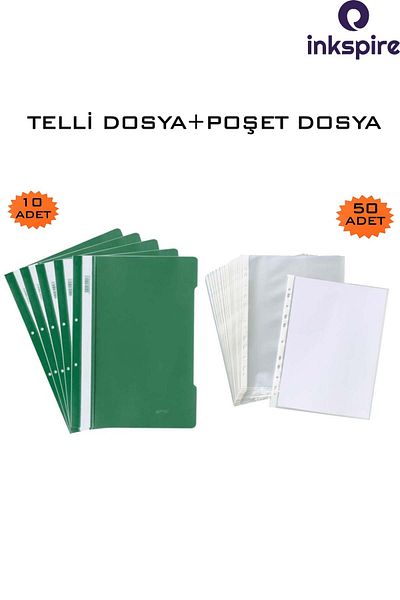 inkspire A4 Green Wire and 50 Transparent Bag Files - Föy File with Hole on the Edge