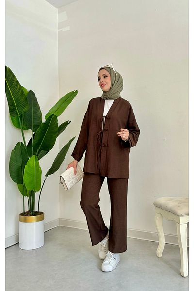 Tesettür Diyarı Brown Kimono Double Set - with Tie Detail
