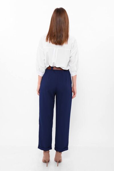 Genel Markalar Kadın Lacivert Kemerli Cepli Katlamalı Boru Paçalı Pantolon 36114