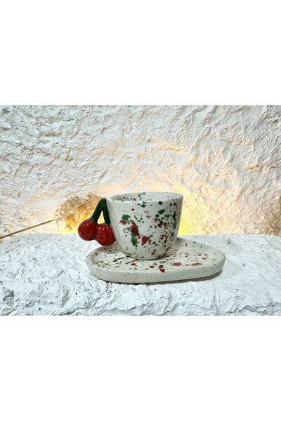 WindArtCeramic el yapımı seramik tasarım kirazlı sıçratma kahve fincanı