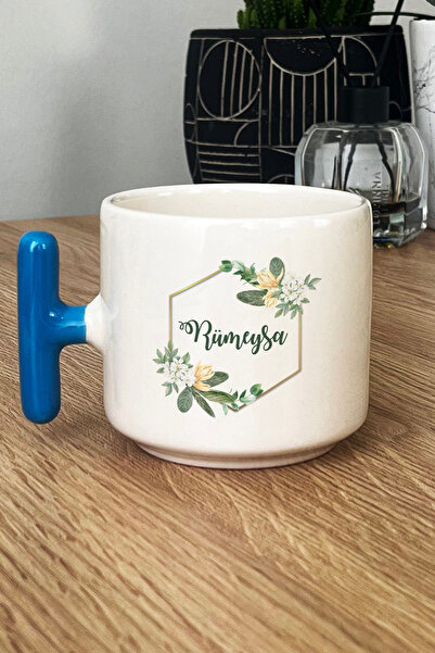 Hedizu Kişiye Özel Çiçekli İsme Özel Kupa Bardak T Kulplu Mavi Arkadaşa Kardeşe Anneye Ablaya Hediye