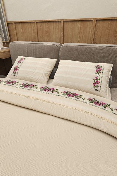Durul Vintage Double Pique Set - 100% Cotton, Cross Stitch and Laced, Beige Bedspread (WITH LEAFS)