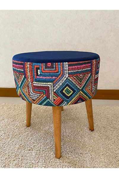BHM Etnik Desenli Ahşap Ayaklı Dekoratif Lacivert Puf Bench