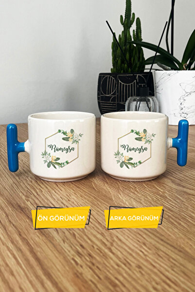 Hedizu Kişiye Özel Çiçekli İsme Özel Kupa Bardak T Kulplu Mavi Arkadaşa Kardeşe Anneye Ablaya Hediye