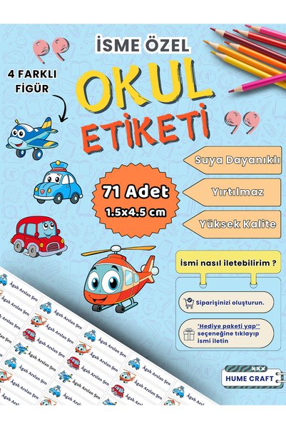 Hume Craft 71 Adet Sevimli Taşıtlar Temalı İsme Özel Okul Etiketi Kalem ve De...