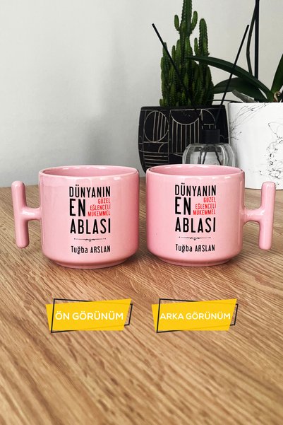 Hedizu Kişiye Özel Abla Pastel T Kulplu Kupa Bardak Pembe Ablaya Doğum Günü Hediyesi
