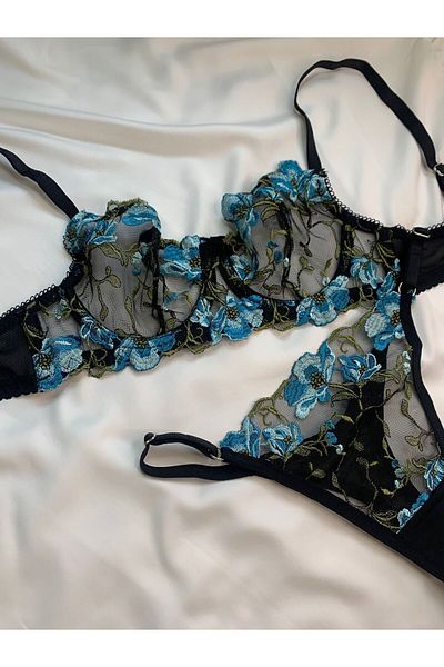 Nazenin Lingerie Black Blue Floral Patterned Underwire Bra Set