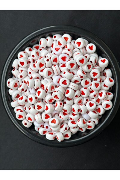 Bijumix Aksesuar 4x7mm 25 Gram (~155-160 Adet) Beyaz Kırmızı Kalp Yassı Boncu...