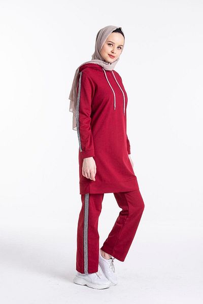 CNG MODA Claret Red Hooded and Sleeve Striped Women's Tracksuit Set - M
