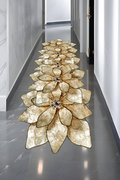 Noble Halı Dijital Baskı Gold Çiçekli Lazer Kesim Overloksuz Dekoratif Makina...