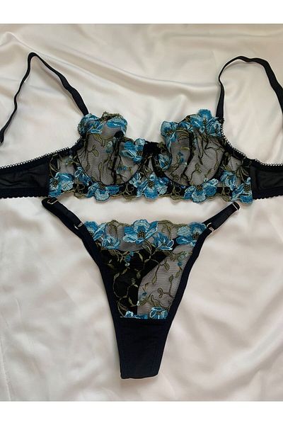 Nazenin Lingerie Black Blue Floral Patterned Underwire Bra Set